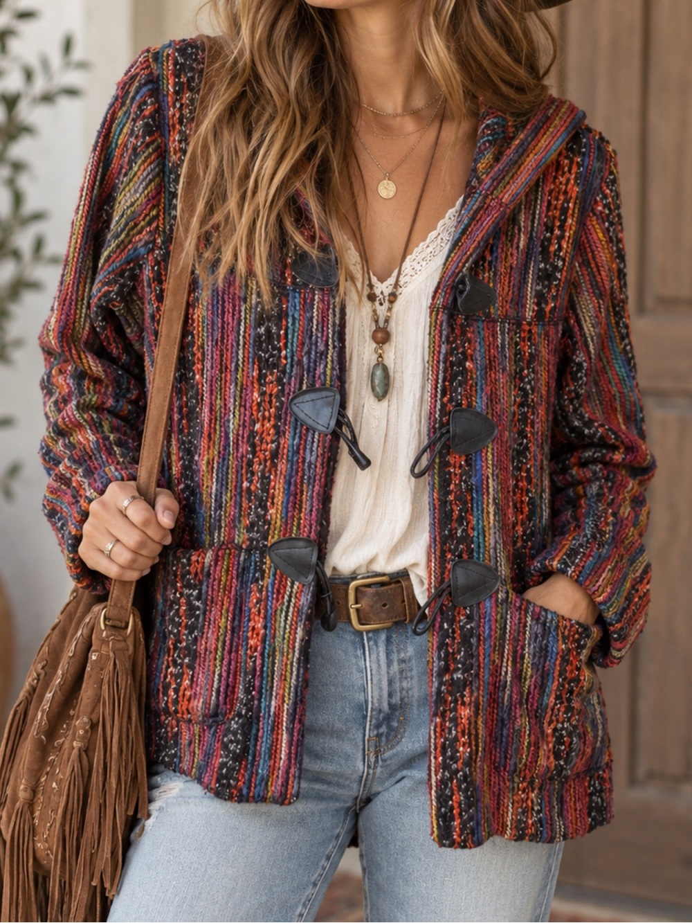 Caloe Boho Multicolor Art to Wear Hooded Toggle Jacket